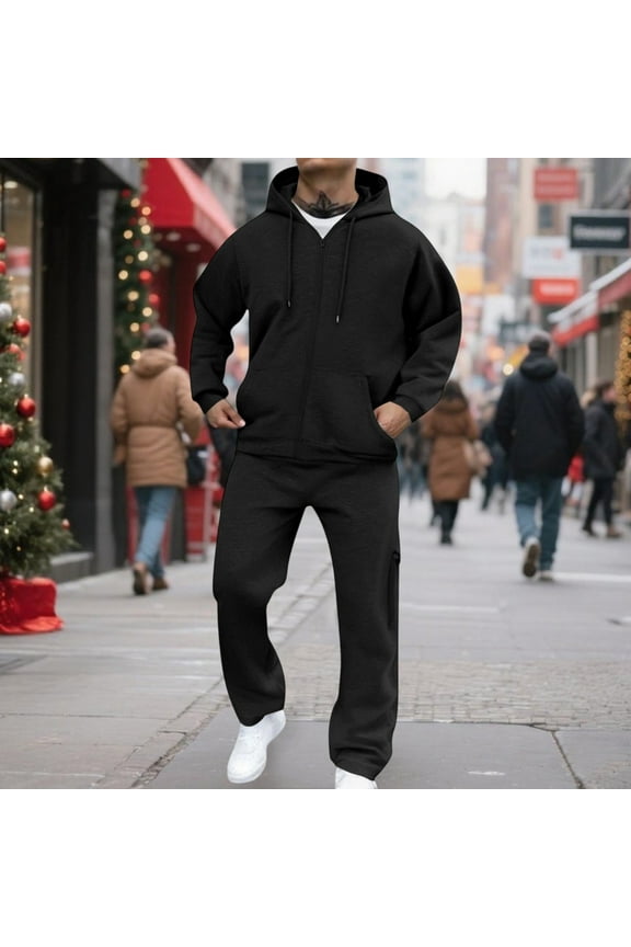 Men's Two-Piece Fleece Set, Zip-Up Hooded Jacket & Elastic Waist Cargo Pants for Casual Outdoor Sports, Athletic Workout Tracksuit