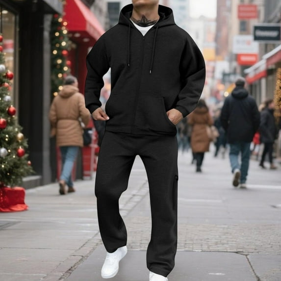 Men's Two-Piece Fleece Set, Zip-Up Hooded Jacket & Elastic Waist Cargo Pants for Casual Outdoor Sports, Athletic Workout Tracksuit