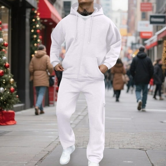 Men's Two-Piece Fleece Set, Zip-Up Hooded Jacket & Elastic Waist Cargo Pants for Casual Outdoor Sports, Athletic Workout Tracksuit