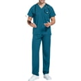 thumbnail image 1 of Men's Two Piece Medical Scrub Uniforms Stretch Anti-Wrinkle V-Neck Top Yoga Elastic Waist Multi Pocket Jogger Scrub Pants Blue S, 1 of 5