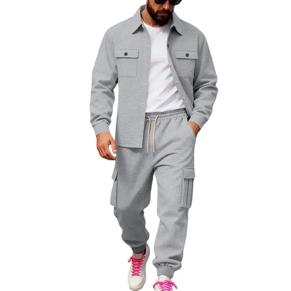 Men’s Two Piece Set Long Sleeve Button Down Shirt with Cargo Jogger Pants Casual Relaxed Fit Outfit for Everyday Wear