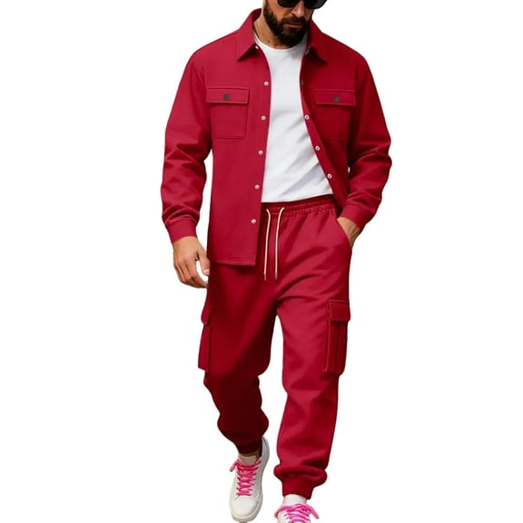 Men’s Two Piece Set Long Sleeve Button Down Shirt with Cargo Jogger Pants Casual Relaxed Fit Outfit for Everyday Wear