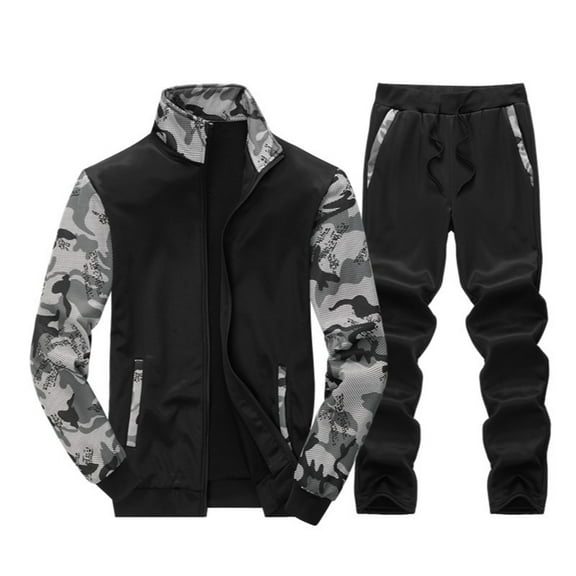 Men’s Two Piece Tracksuit Set Full Zip Stand Collar Jacket and Drawstring Pants Camouflage Print Casual Outfit