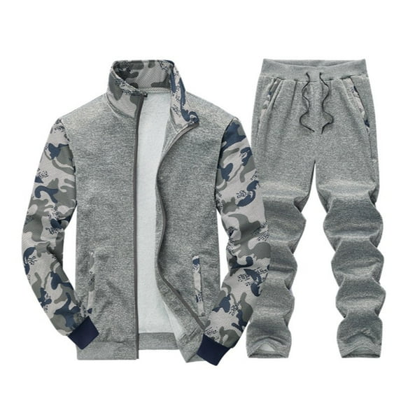 Men’s Two Piece Tracksuit Set Full Zip Stand Collar Jacket and Drawstring Pants Camouflage Print Casual Outfit