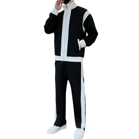 Men’s Two-Piece Tracksuit Set Zip-Up Long Sleeve Jacket and Full-Length Pants with Contrast Panel Design Athletic Outfit