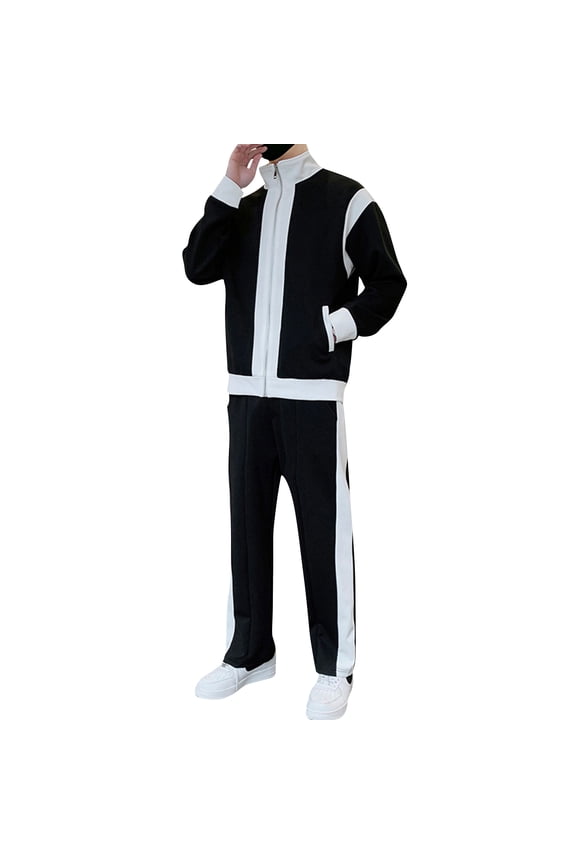 Men’s Two-Piece Tracksuit Set Zip-Up Long Sleeve Jacket and Full-Length Pants with Contrast Panel Design Athletic Outfit