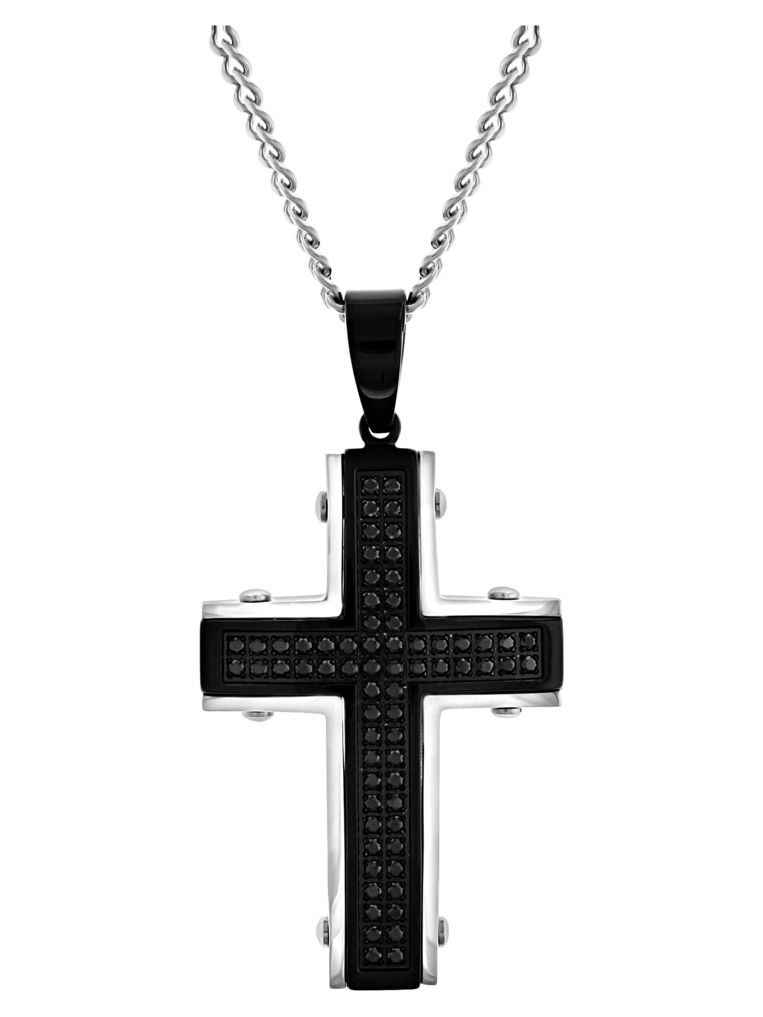 Men’s Two-Tone Black CZ Stainless Steel Rivet Cross Pendant – 24 Inches