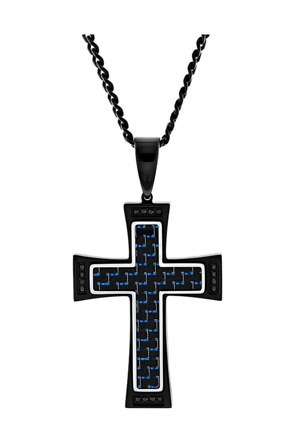 Mens Two-Tone Black Stainless Steel Carbon Fiber Cross Pendant  24 Inches