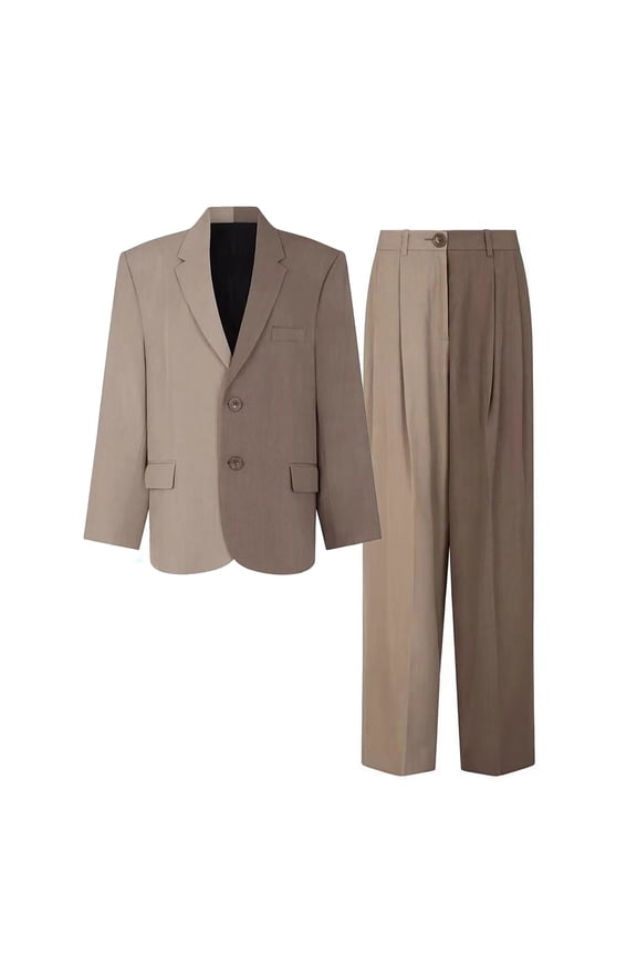 Men's Two Tone Block Blazer Suit Set Brown XXXS