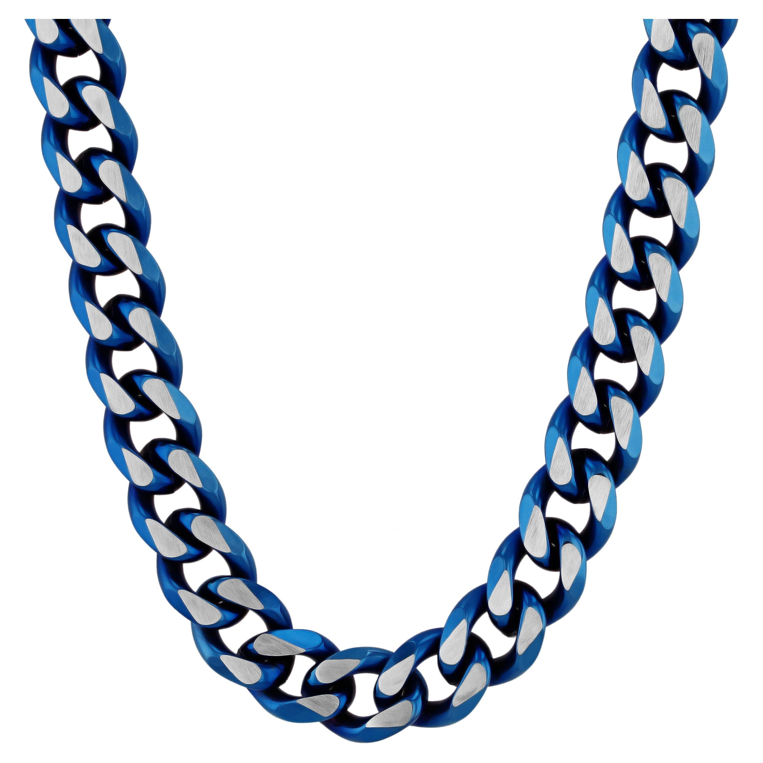 Men s Two Tone Blue Stainless Steel Curb Link Chain Necklace