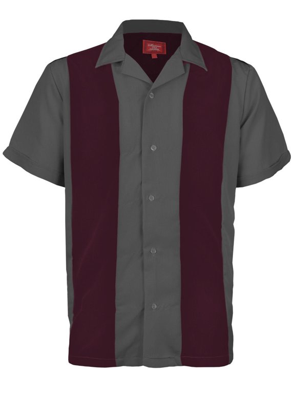 Men's Two Tone Bowling Casual Dress Shirt (Burgundy / Dark Gray, M)