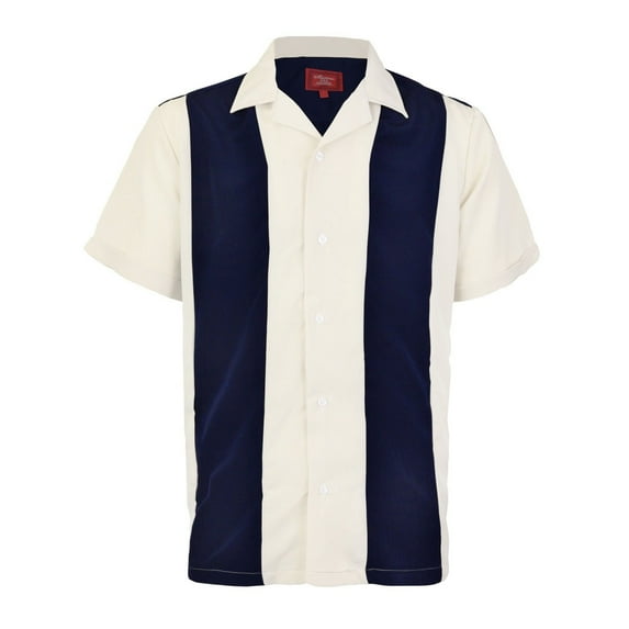 Men's Two Tone Bowling Casual Dress Shirt (Navy / Beige,M)