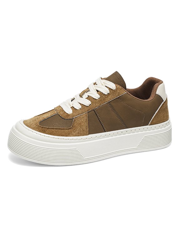 Men's Two-Tone Brown Suede Leather Platform Skate Shoes Thick White Stitched Midsole Retro Casual Board Sneakers