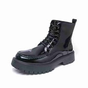 Mens Two-Tone Combat Boots Lightweight Platform Ankle Boots Fashionable Black & White Patchwork Leather Ankle Boots