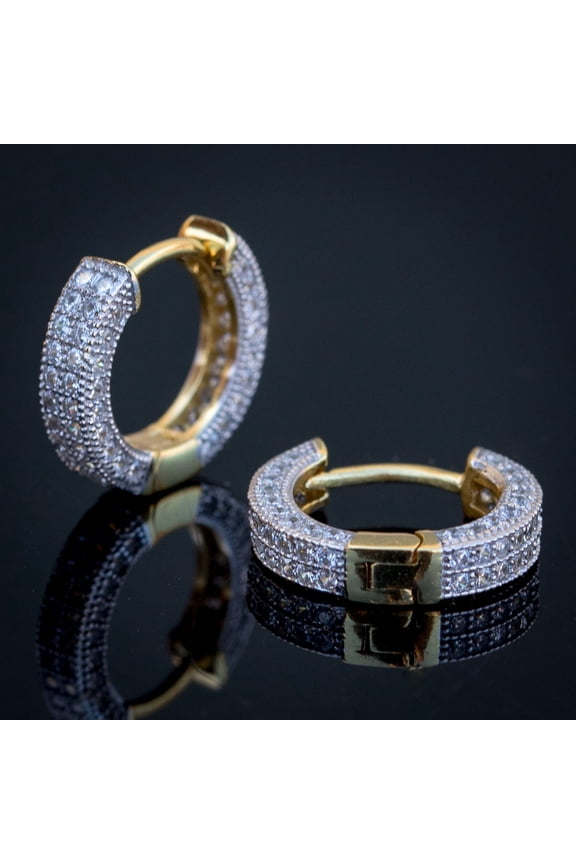 Fully Iced Two Tone Yellow Gold Plated 925 Sterling Silver Post Men's Women's Classic Small Huggie Hoop Earrings