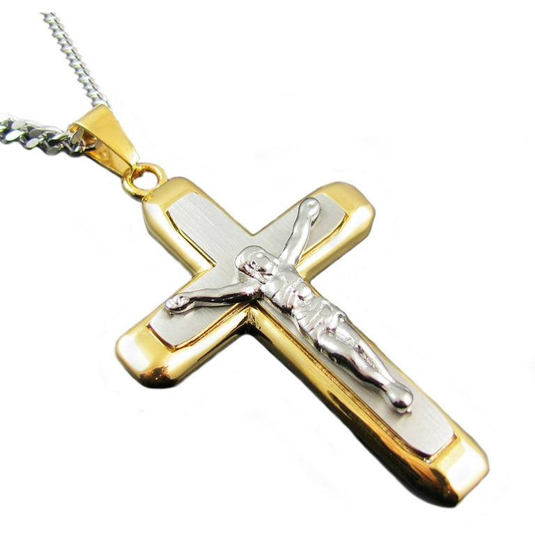 Men s Two Tone Gold Stainless Steel Crucifix Cross Pendant 24
