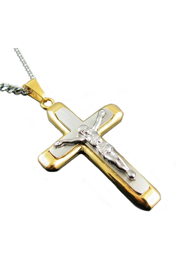Men's Two-Tone Gold Stainless Steel Crucifix Cross Pendant, 24" Cuban Chain
