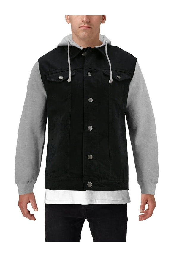 Men's Two Tone Jean And Grey Jersey with Removable Hood Denim Trucker Jacket (Black, 2XL)