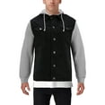 thumbnail image 1 of Men's Two Tone Jean And Grey Jersey with Removable Hood Denim Trucker Jacket (Black, S), 1 of 4