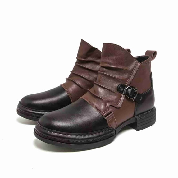 Men's Two-Tone Leather Chelsea Boots, Vintage Ruched Strap Buckle Chelsea Boots, Round Toe Comfortable Block Heel Casual Dress Boots