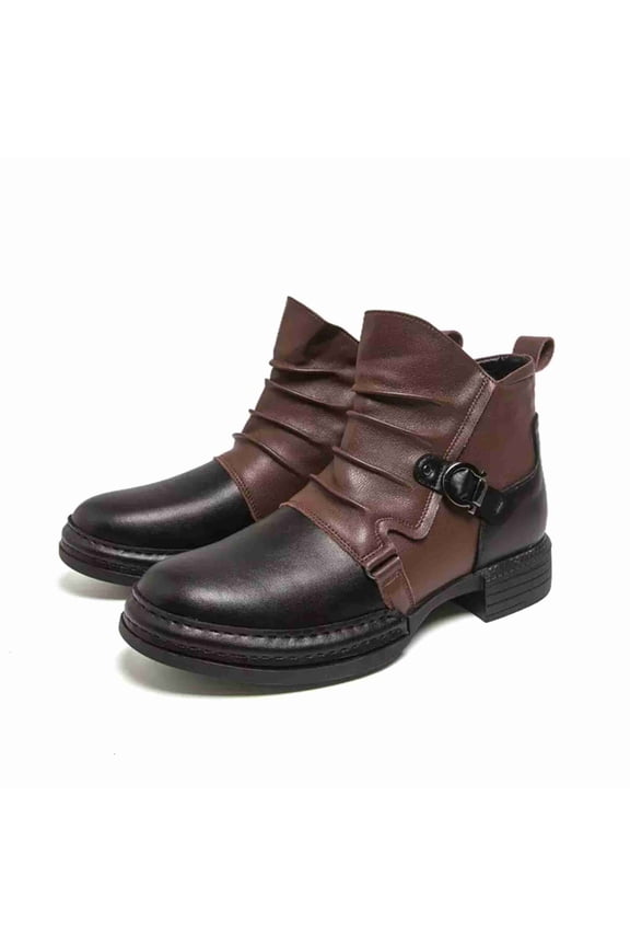Men's Two-Tone Leather Chelsea Boots, Vintage Ruched Strap Buckle Chelsea Boots, Round Toe Comfortable Block Heel Casual Dress Boots
