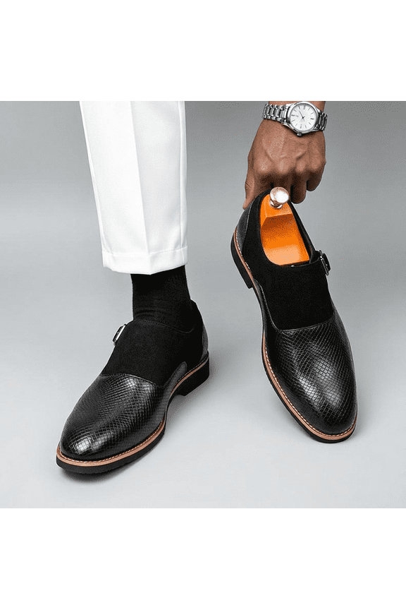 Men's Two Tone Monk Strap Dress Shoes, Round Toe Patchwork Formal Business Leather Loafers