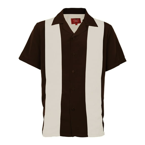 Men's Two Tone Short Sleeve Casual Retro Bowling Shirt D Brown Beige SL