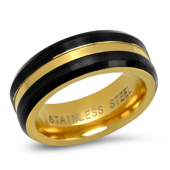 Men's Two Tone Stainless Steel Black IP Ring with 18K Gold Plated Inlay