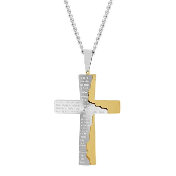 Men’s Two-Tone Stainless Steel Padre Nuestro Cross Tablet Pendant - Brilliance Fine Jewelry