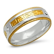 Men's Two Tone Stainless Steel and 18K Gold Plated Simulated Diamond Greek Key Band Ring