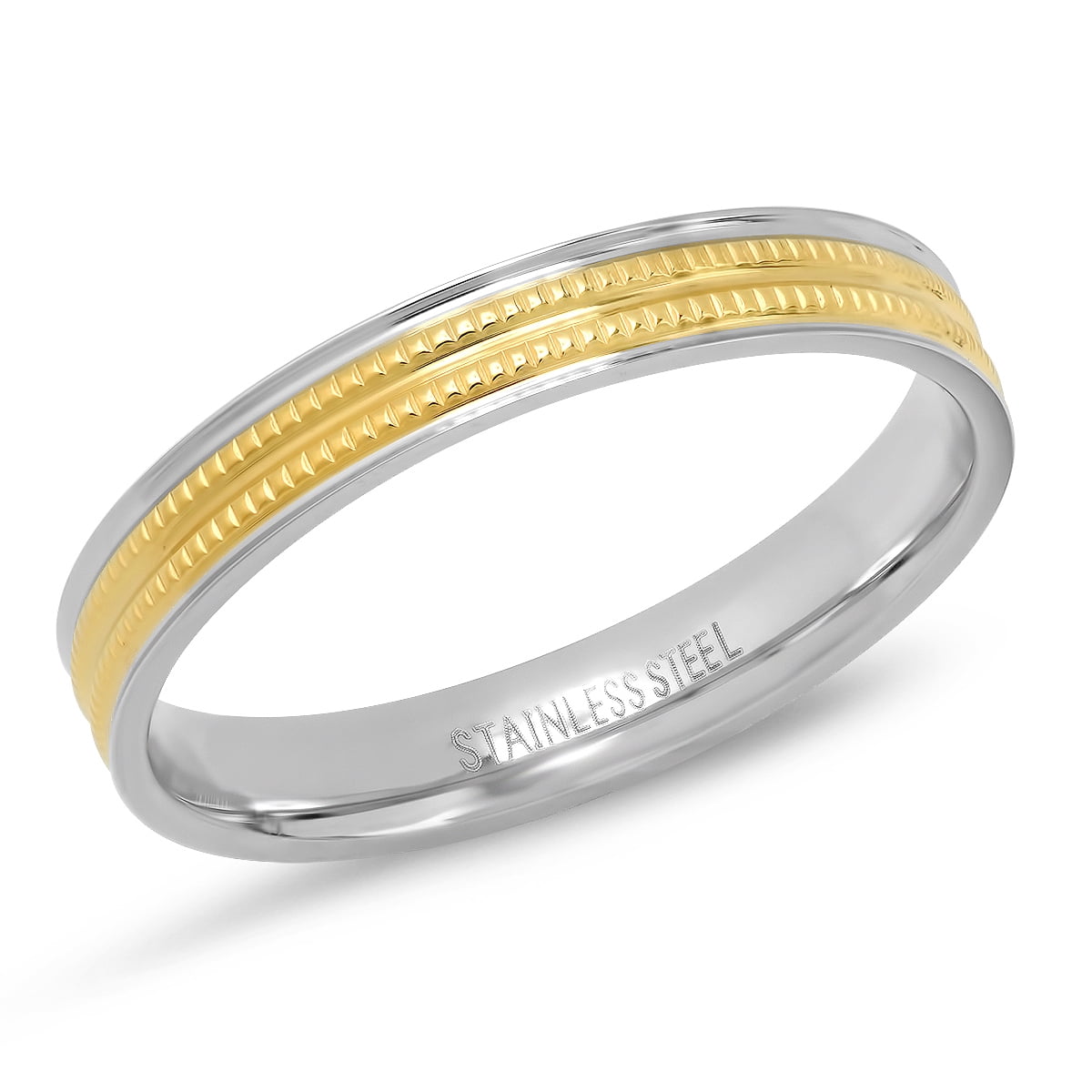 Men's Two Tone Stainless Steel and 18K Gold Plated Stainless Steel Double Milgrain Thin Band Ring