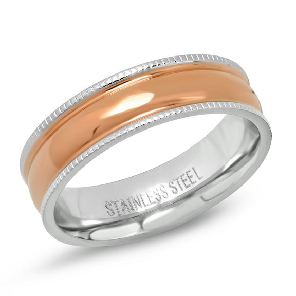 Men's Two Tone Stainless Steel and 18K Rose Gold Plated Stainless Steel Milgrain Band Ring