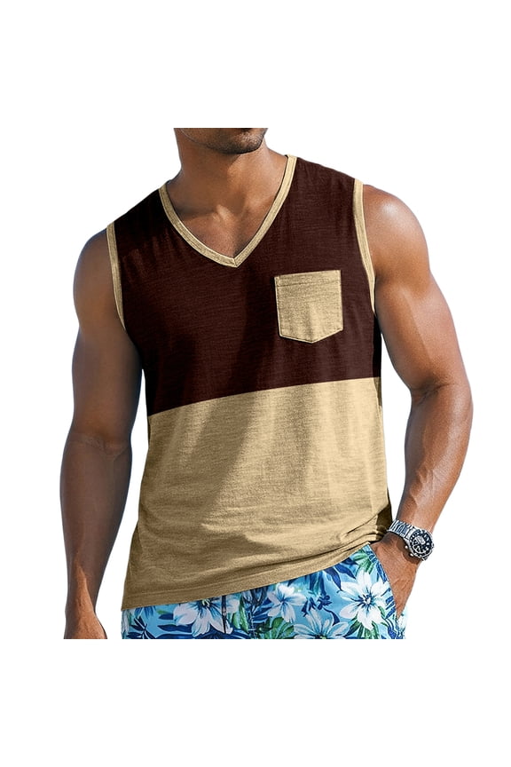 Men's Two-Tone V-Neck Sleeveless Pocket Tank Top, Casual Gym & Daily Wear Sleeveless Shirt Coffee L