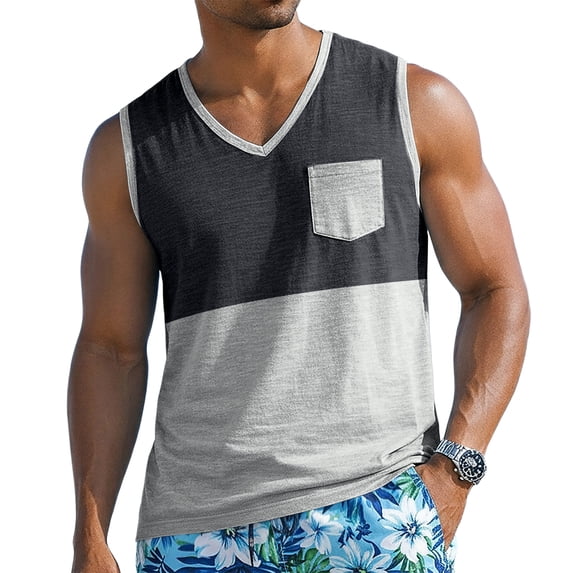 Men's Two-Tone V-Neck Sleeveless Pocket Tank Top, Casual Gym & Daily Wear Sleeveless Shirt Dark Gray L