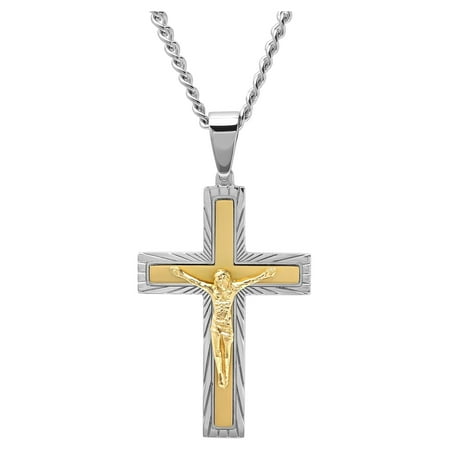 Men’s Two-Tone Yellow IP Stainless Steel Crucifix Pendant – 24 Inches