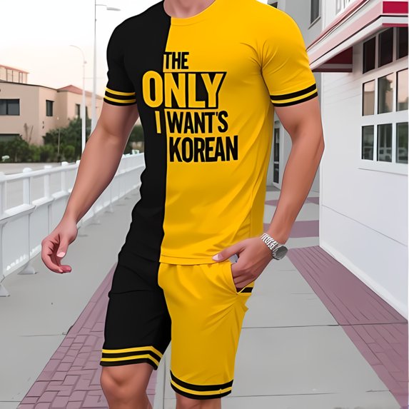 Men's Two-Tone Yellow and Black T-Shirt and Shorts Set - " THE ONLY I WANT'S KOREAN " Casual Streetwear Outfit