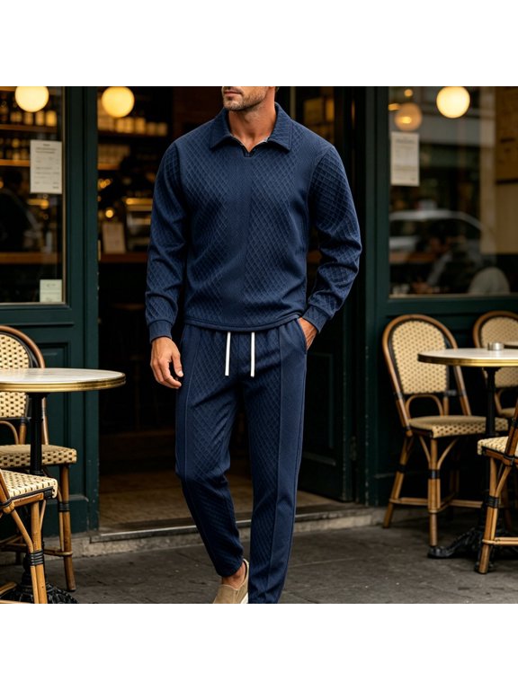 Men's Two-piece Tracksuit Diamond Embossed Lapel Knit Sports Suit Solid Color Loose Drape Cropped Drawstring Outfit Spring Daily Workout Business Casual Set