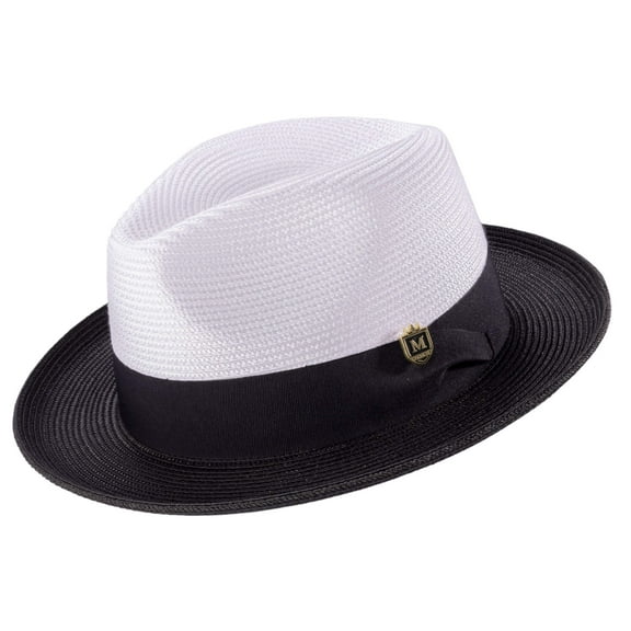 Men's Two-tone Pinch Hat Wide Brim Matching Grosgrain Ribbon Straw Fedora in Black H-47