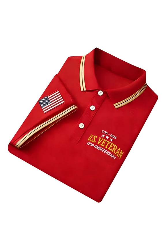Men's U.S. Veteran 250th Anniversary Polo Shirt, Patriotic Embroidery with American Flag Patch Short Sleeve