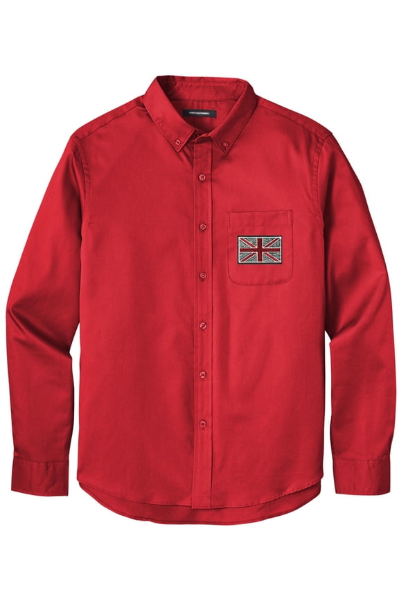 Men's UK UNION JACK PATCH Twill Shirt with Pocket, 2XL Rich Red