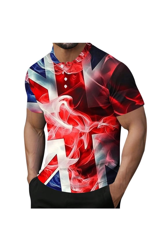 Men's UK Union Jack Smoke Print Polo Shirts Short Sleeve Button Placket Patriotic Casual Tops