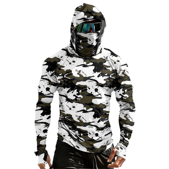 Men's UPF 50+ Cooling Compression Hoodie, Long Sleeve Muscle Rash Guard Fishing Shirt with Integrated Face Mask Lightweight Summer Outdoor Tops
