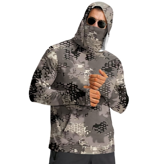 Men's UPF 50+ Fishing Camo Hoodie Shirts UV Spf Long Sleeve Shirts with Mask Rash Guard Cooling Shirts Summer Outdoor Fishing T-Shirts,Gray M