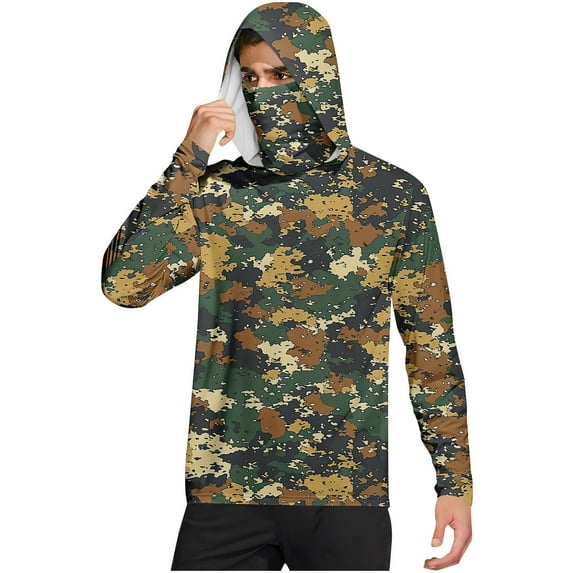 Men's UPF 50+ Fishing Hoodie with Mask – Camo Print Long Sleeve Sun Shirt, Lightweight Quick-Dry Rash Guard for Outdoor Camping & Hiking