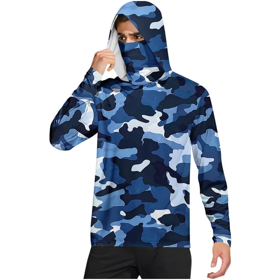 Men's UPF 50 Fishing Hoodie with Mask – Camo Print Long Sleeve Sun Shirt, Lightweight Quick-Dry Rash Guard for Outdoor Camping & Hiking