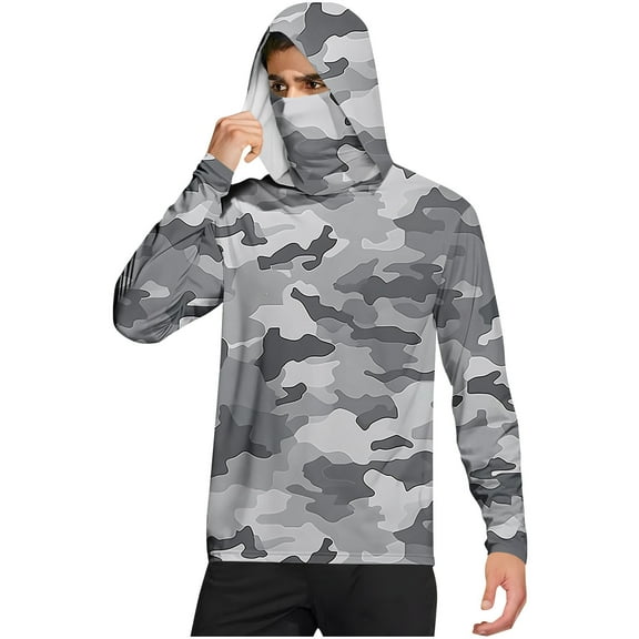 Men's UPF 50  Fishing Hoodie with Mask – Camo Print Long Sleeve Sun Shirt, Lightweight Quick-Dry Rash Guard for Outdoor Camping & Hiking