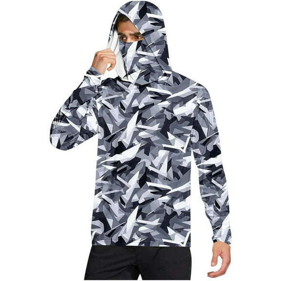 Men's UPF 50 Fishing Hoodie with Mask – Camo Print Long Sleeve Sun Shirt, Lightweight Quick-Dry Rash Guard for Outdoor Camping & Hiking