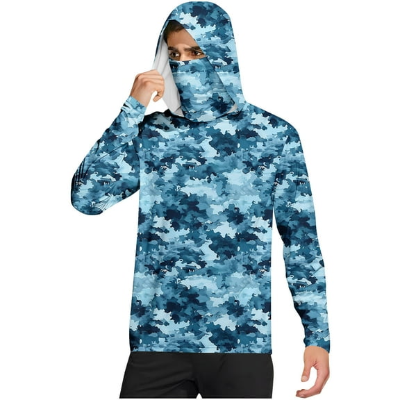 Men's UPF 50 Fishing Hoodie with Mask – Camo Print Long Sleeve Sun Shirt, Lightweight Quick-Dry Rash Guard for Outdoor Camping & Hiking