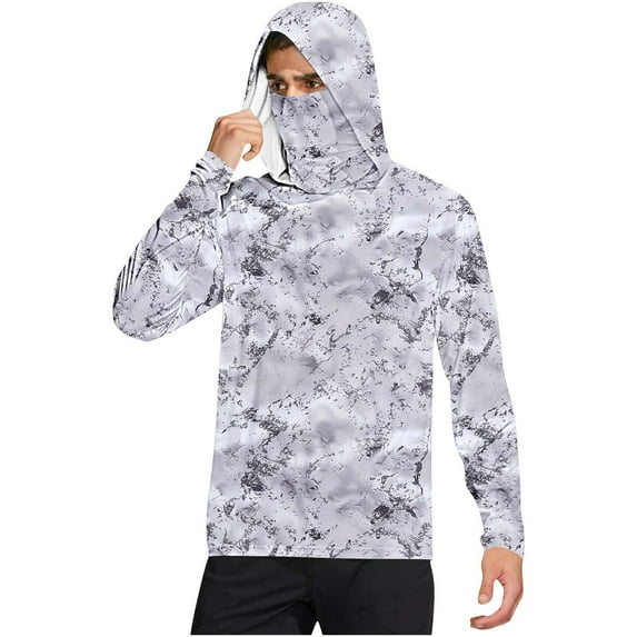 Men's UPF 50+ Fishing Hoodie with Mask – Camo Print Long Sleeve Sun Shirt, Lightweight Quick-Dry Rash Guard for Outdoor Camping & Hiking