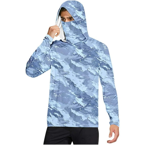 Men's UPF 50+ Fishing Hoodie with Mask – Camo Print Long Sleeve Sun Shirt, Lightweight Quick-Dry Rash Guard for Outdoor Camping & Hiking